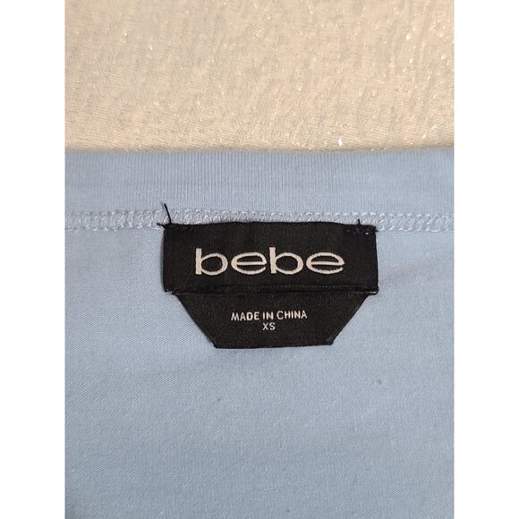 Bebe off-shoulder sheath dress Size XS Baby blue wedding guest love island theme - Picture 13 of 14